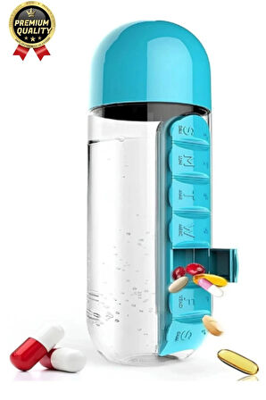 Özel Üretim Pillbox Suluk Organizer %100 BPA İçermez 7 Gün Hap İlaç Saklama Kutulu 600ml Su Matarası