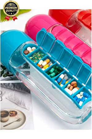 Özel Üretim Pillbox Suluk Organizer %100 BPA İçermez 7 Gün Hap İlaç Saklama Kutulu 600ml Su Matarası
