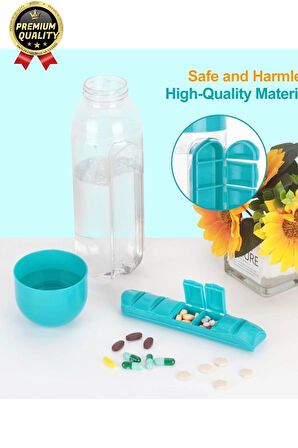 Özel Üretim Pillbox Suluk Organizer %100 BPA İçermez 7 Gün Hap İlaç Saklama Kutulu 600ml Su Matarası