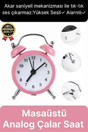 Premium Kalite Dekoratif Pilli Yüksek Sesli Alarmlı Çift Çan Formlu Masaüstü Mini Analog Çalar Saat