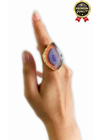 Özel Üretim Altın Pirinç Kaplama Vintage Görünümlü Şık Tasarımlı Ayarlanabilir Doğal Taş Kadın Yüzük