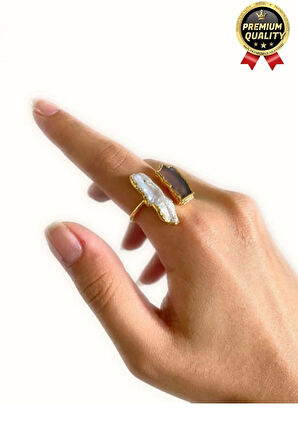 Özel Üretim Altın Pirinç Kaplama Vintage Görünümlü Şık Tasarımlı Ayarlanabilir Doğal Taş Kadın Yüzük