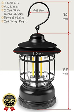 Çok Amaçlı Ayarlanabilir Şarjlı 2 Kademeli 500 Lümen Enerji Tasarruflu 3 COB Retro LED Kamp Lambası