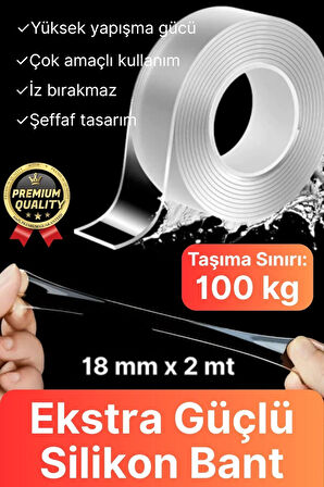 Çok Amaçlı Dayanıklı Çift Taraflı İz Bırakmaz Tamir Montaj Bandı Şeffaf Güçlü Silikon Bant 18mmX 2mt