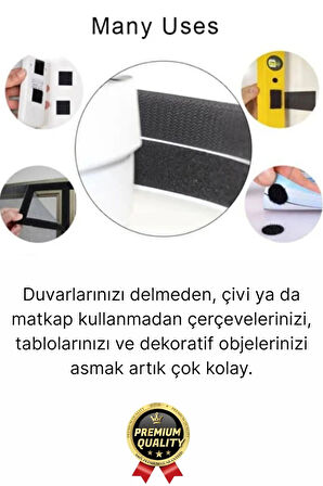 Ultra Güçlü İz Bırakmaz Çivisiz Tablo Çerçeve Asma Kendinden Yapışkanlı Siyah Cırt Bant 4'lü Set