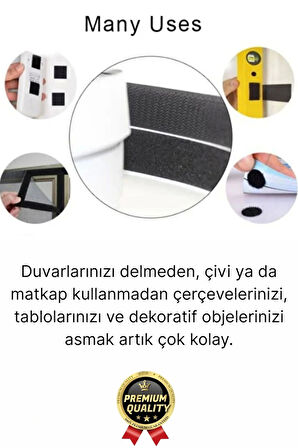 Ultra Güçlü İz Bırakmaz Çivisiz Tablo Çerçeve Asma Kendinden Yapışkanlı Siyah Cırt Bant 12'li Set
