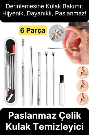 Özel Üretim Paslanmaz Çelik Kulak Balmumu Toplayıcı Çıkarıcı Temizleyici Bakımı Çubuk Seti 6 Parça