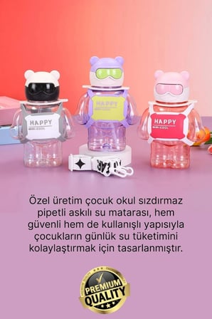 #Matara Kaliteli BPA İçermez Pipetli Askılı Çocuk Okul 3D Desenli Sevimli Robot Şeklinde Su Matarası