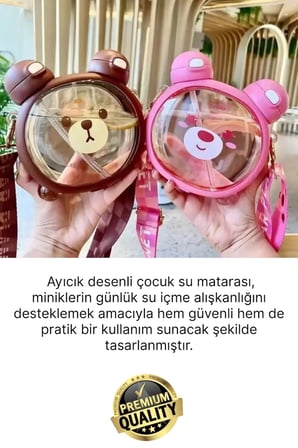 #Matara Kaliteli BPA İçermez Askılı Pipetli Çocuk Okul 3D Desenli Sevimli Ayıcık Model Su Matarası
