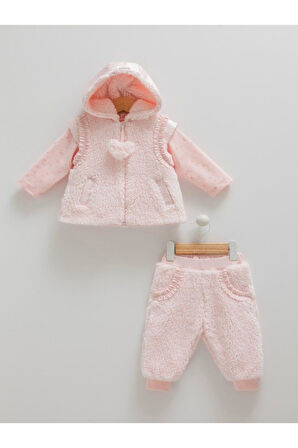 12-18 Aylık 80-86 Cm  Kışlık 3'Li  Kız Bebek Çocuk Pantolon Yelek Polar İçi Penye Takım