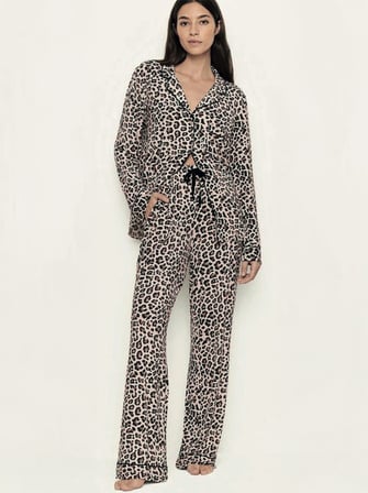 Dofi Kadın Düğmeli Leoparlı S-XL Pijama Takımı - Kahverengi
