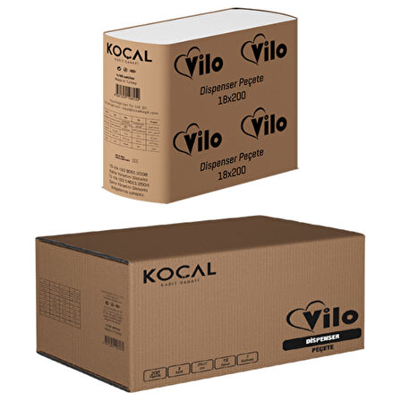 Vilo Dispenser Peçete 18x200 – 1 Katlı, 17x21 cm, Beyaz, 18 Paket (Toplam 3600 Yaprak)