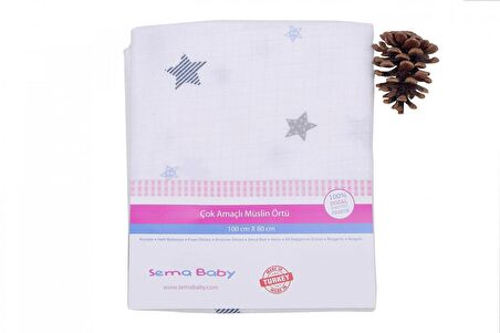 Sema Baby Çok Amaçlı Müslin Örtü 100x80 cm - Mavi Yıldız 8682476853131