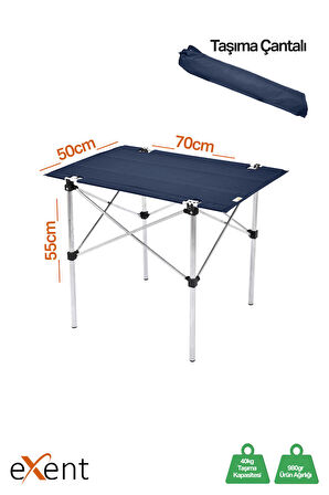 Exent 50x70 cm Kamp Masası Katlanabilir Masa, Piknik Bahçe Balkon Plaj Masası, Taşıma Çantalı Masa-LACİVERT