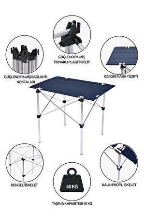 Exent 50x70 cm Kamp Masası Katlanabilir Masa, Piknik Bahçe Balkon Plaj Masası, Taşıma Çantalı Masa-LACİVERT