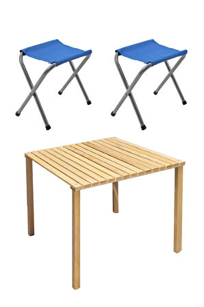 Exent 2 Adet Tabure ve 60 x 60 cm Katlanır Ahşap Kamp Masası seti-Piknik bahçe balkon seti