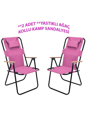 Exent 2' li Yastıklı yüksek sırtlı katlanır büyük boy kamp piknik sandalyesi, ağaç kollu-PEMBE