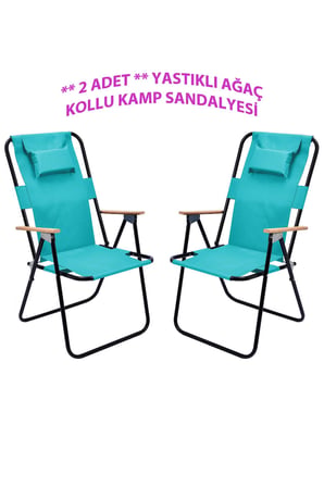 Exent 2' li Yastıklı yüksek sırtlı katlanır büyük boy kamp piknik sandalyesi, ağaç kollu-TURKUAZ