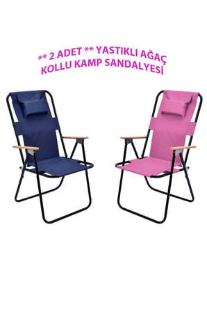 Exent 2' li Yastıklı yüksek sırtlı katlanır büyük boy kamp piknik sandalyesi, ağaç kollu-LACİVERT VE PEMBE