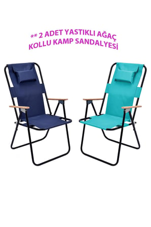 Exent 2' li Yastıklı yüksek sırtlı katlanır büyük boy kamp piknik sandalyesi, ağaç kollu-LACİVERT VE TURKUAZ