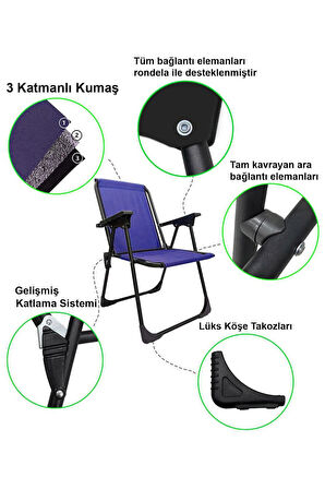 Exent 2 adet LÜX Katlanır Kamp Piknik Plaj Sandalyesi, Çift dikişli 120 kg kapasiteli -KIRMIZI-MAVİ