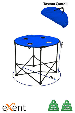 Exent 70 x 70 x 60 cm Yuvarlak Katlanır taşıma çantalı kamp masası, piknik masası-MAVİ