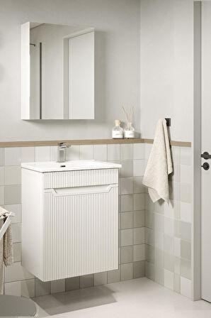 Exent 55 cm Komple MDF CNC işlemeli Mebran Kapaklı Banyo dolabı seti-BEYAZ