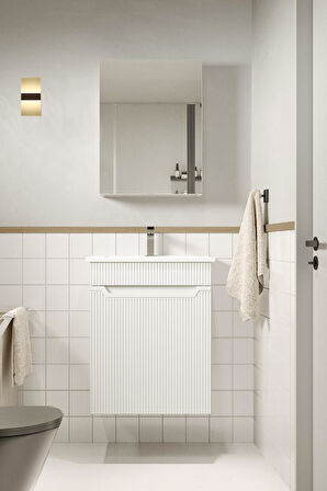 Exent 55 cm Komple MDF CNC işlemeli Mebran Kapaklı Banyo dolabı seti-BEYAZ