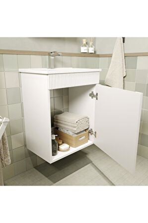 Exent 55 cm Komple MDF CNC işlemeli Mebran Kapaklı Banyo dolabı seti-BEYAZ