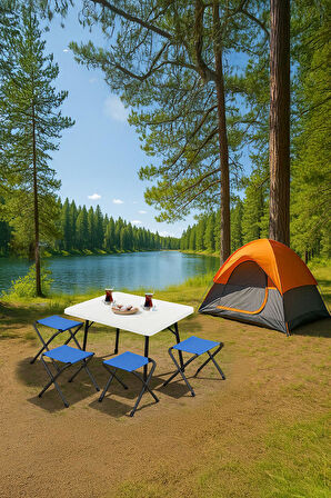 Exent 45X60 cm Kamp Sehpası + 4 Adet MAVİ Tabure Piknik, bahçe balkon sehpası Katlanır Sehpa-B-4M