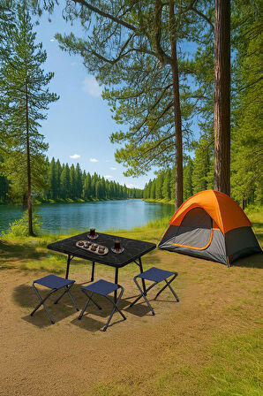 Exent 45X60 cm Kamp Sehpası + 3 Adet LACİVERT Tabure Piknik, bahçe sehpası Katlanır Sehpa-ME-3L
