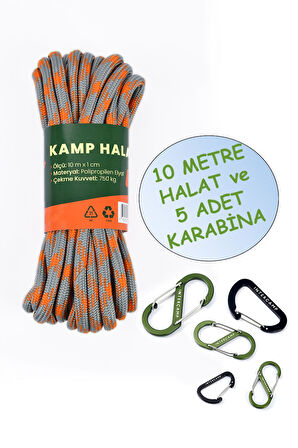 İntercamp 10 mt. Kamp Halatı + 5 Adet Karabina, Kamp ipi, Çadır Halatı, Dış Mekan Halatı