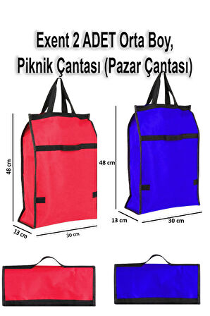 Exent 2 Adet Orta Boy Piknik Çantası, Plaj Çantası, Pazar Çantası, Market Çantası-Kırmızı ve Mavi