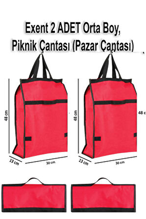 Exent 2 Adet Orta Boy Piknik Çantası, Plaj Çantası, Pazar Çantası, Market Çantası-Kırmızı