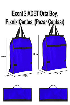 Exent 2 Adet Orta Boy Piknik Çantası, Plaj Çantası, Pazar Çantası, Market Çantası-Mavi