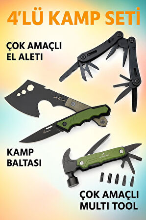 Kamp Seti, Kamp Baltası, Kamp Bıçağı, Çok Amaçlı El Aleti, Çok Amaçlı Çekiç, Multi Tool - 4 parça