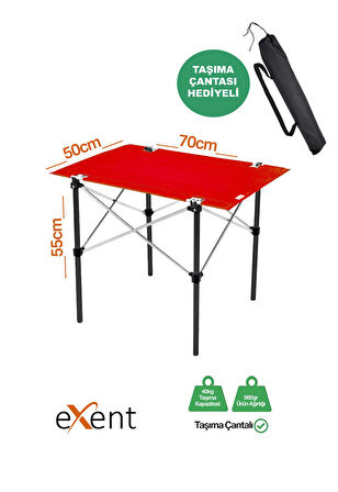 Exent 50x70 cm Kamp Masası Katlanabilir Masa, Piknik Masası, Siyah Taşıma Çantalı-KIRMIZI