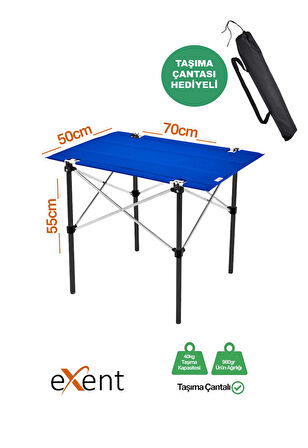 Exent 50x70 cm Kamp Masası Katlanabilir Masa, Piknik Masası, Siyah Taşıma Çantalı-MAVI