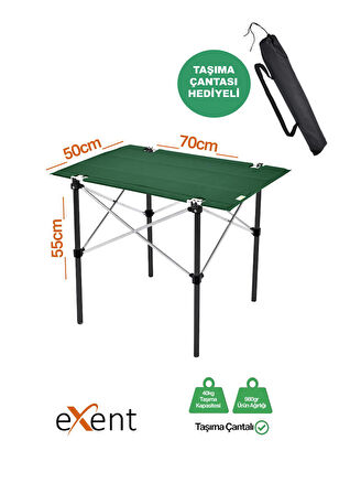 Exent 50x70 cm Kamp Masası Katlanabilir Masa, Piknik Masası, Siyah Taşıma Çantalı-PETROL YEŞİLİ