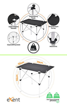 Exent 50x70 cm Kamp Masası Katlanabilir Masa, Piknik Masası, Siyah Taşıma Çantalı-LACİVERT