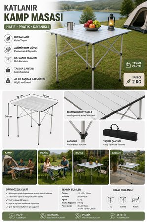 🏕️ Exent Katlanır Alüminyum Kamp Masası – Hafif, Dayanıklı ve Taşınabilir-70x70 cm