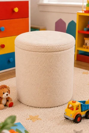 ✨ Sandıklı Peluş Puf 40x40x42 cm Dekoratif Oturma Pufu Makyaj Masası Taburesi