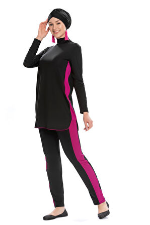 Likralı Tam Kapalı Mayo Siyah Sportif Tasarım Pembe Garni