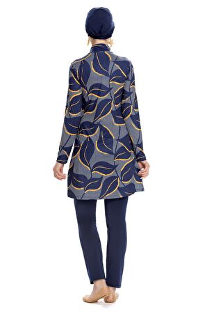 Tam Kapalı Mayo Likralı Lacivert Yaprak Desenli Dik Yaka