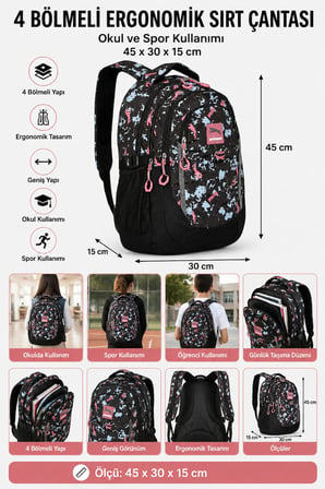 Lüks Ergonomik Geniş Sırt Çantası 4 Bölmeli Okul Spor Öğrenci Çantası 45x30x15 cm