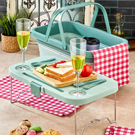 bigmate Portatif Katlanır Piknik Seti 25Lt Silikon Sepetli Masalı Piknik Sepeti