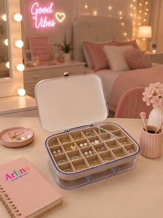 30 Bölmeli Takı Kutusu Düzenleyici Seyahat Çantası Kolye Yüzük Küpe Organizer Krem 18cmx12,5cm