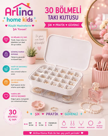 30 Bölmeli BeyazTakı Kutusu Düzenleyici Seyahat Çantası Kolye Yüzük Küpe Organizer 18cmx12,5cm