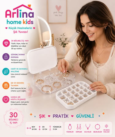 30 Bölmeli BeyazTakı Kutusu Düzenleyici Seyahat Çantası Kolye Yüzük Küpe Organizer 18cmx12,5cm