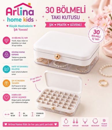 30 Bölmeli BeyazTakı Kutusu Düzenleyici Seyahat Çantası Kolye Yüzük Küpe Organizer 18cmx12,5cm